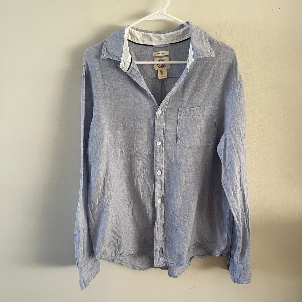 Panama Jack Mens L Linen Shirt Blue Long Sleeve Button Up Casual Summer Light